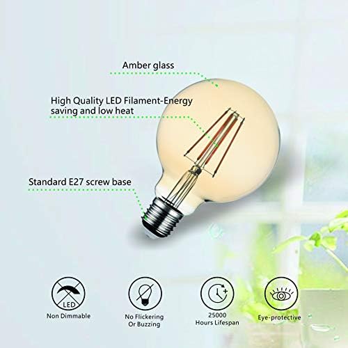 SD LUX E27 LED Globe Light Bulbs Globe LED Bulbs 8W Vintage Filament G95 Globe Bulbs Amber No Flicker Edison Screw LED Bulbs 810LM (75W Equiv) Warm White 2700K Non-dimmable 2 Packs[Energy Class A+]