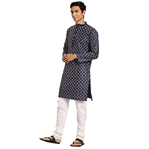Image of SOJANYA, Men's Silk Blend NavyBlue Kurta with Multi Color Embroidery and Off-White Pyjama