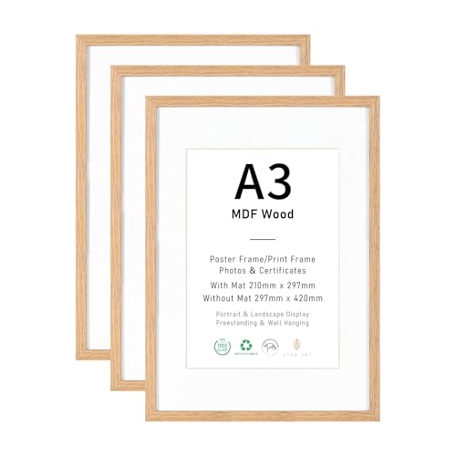 Bilderrahmen A3 MDF Holz Natur 3er Set 29.7x42cm Fotorahmen DIN A3 Rahmen mit Acrylglas Picture Frame 42x30 zum Aufhängen 42x30 Holzrahmen mit Passepartout für A4 Dokumente Zertifikate Fotos Poster