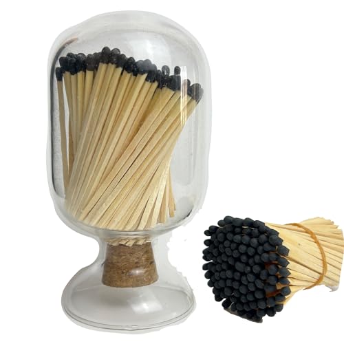 3'' Black Matches Included, Glass Match Holder with Striker, Glass Match Cloche with Striker, Matches in a Jar with Striker, Safety Matches Jar, Long Fireplace Matches for Fireplace BBQ Grill