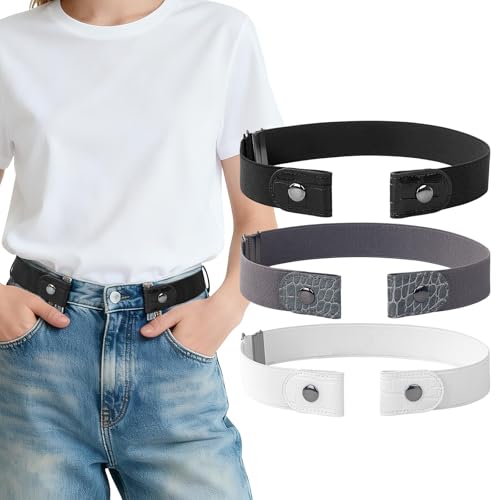 MUKINGBELTS 3 Pieces No Buckle Elastic Stretch Belts for Men and Women Comfortable Invisible Belts for Jeans Pants