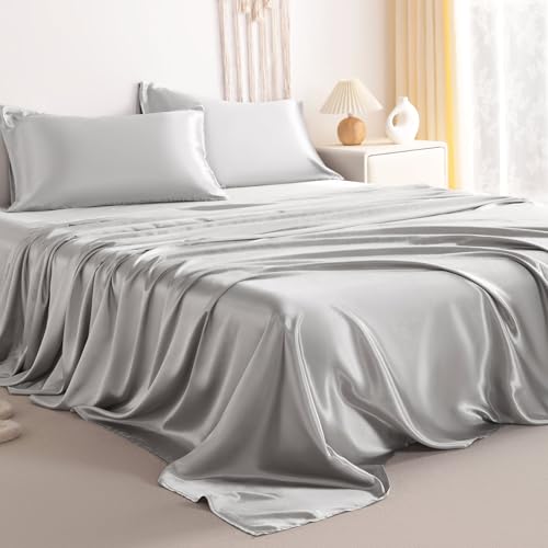 NTBAY Queen Satin Sheet Set, 4 Piece, Silver Grey - image 1