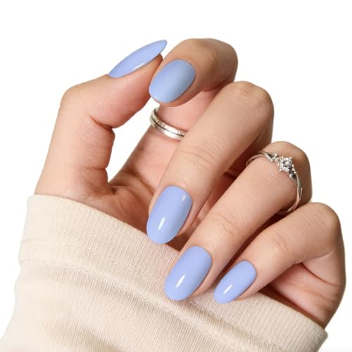Blue Press On Nails Almond, Medium Light Blue Fake Nails with Nail Glue, Natural Soft Gel Nail Kit, Natural Reusable Glue On Nails in 15 Sizes 30 Fake Nails Kit