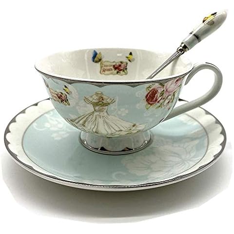 Krysclove Vintage Ceramic Teacup, Elegant Coffee Cup with Spoon and Saucer Set,Royal Bone China Tea Cups (Wedding) Cover