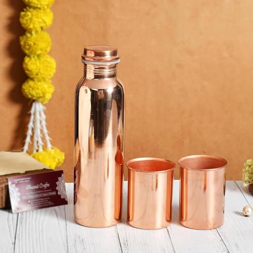 Image of Copper Water Bottle 1 Ltr | Copper Water Bottle with Glass Set | Meena Work | 100% Pure | Leak-Proof | 2 Water Glass 300ml each | Best for Gifting ((Smooth Finish))