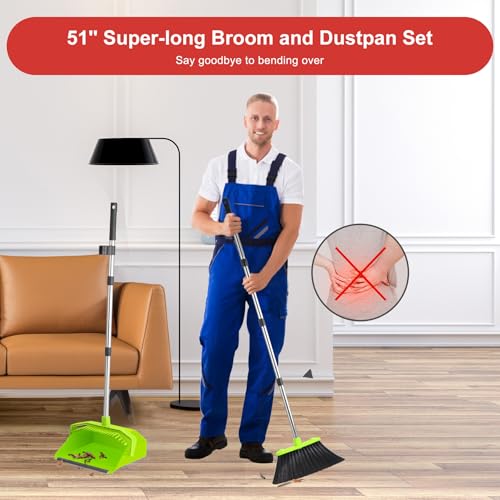 Image of Tiumso Upgrade Broom with Dustpan Combo Set, Broom and Dustpan Set with 51'' Long Handle, Large Upright Brooms and Dust Pans, ZeroGap Lip, Self-Cleaning Teeth for Lobby and Restaurant - Light Green