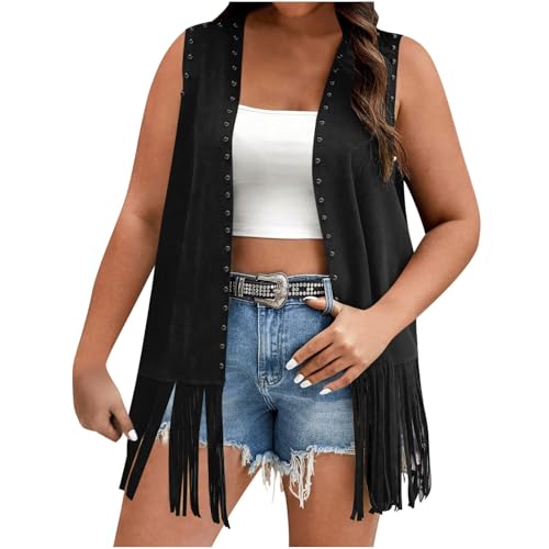 Women's Plus Size Fringe Vest Faux Suede Rivets Sleeveless Tassel Jacket Western Cowgirl Outfits Clothes 2025 Fashion
