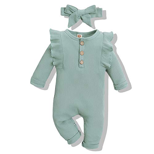 Renotemy Infant Baby Girls Mint Romper Fall Winter Jumpsuit Girl Long Sleeve Rompers Baby Girl Clothes 0-3 Months