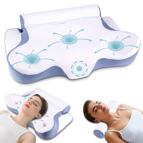 TopEsct Almohada Cervical,Espuma Viscoelástica Almohada Cervicales y Cuello,Almohada Cervicales para Dormir de Lado y Boca Arriba-Azul