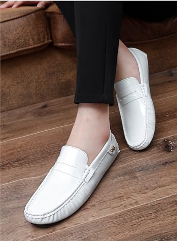 Battle Men Men's PU Leather Penny Moccasins Slip-On Driving Loafers Lightweight Casual Shoes with Flexible Anti-Slip Rubber Sole(White,12 M US)2