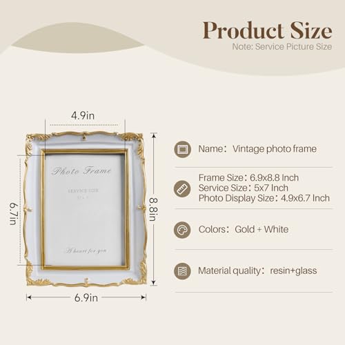 Vintage Picture Frame 5x7 Gold Frames, Ornate White and Gold Textured Hand-Crafted Resin Frame with Glass Front, 5 by 7 Antique Photo Frames for Tabletop Display