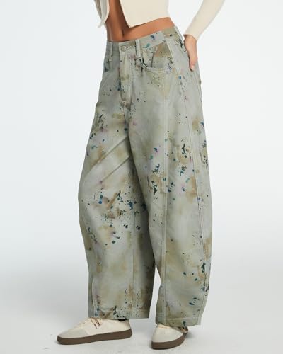 Women's Printed Baggy Barrel Jeans High Waisted Wide Leg Denim Pants3