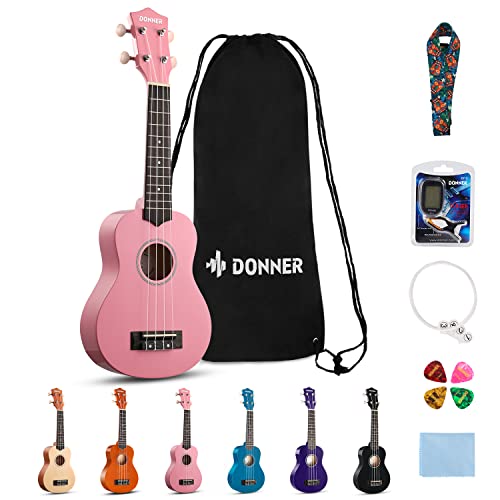 Donner Ukelele para Principiante Ukelele Soprano Kit 21 Pulgadas Ukulele Adulto con Bolso Correa Afinador, Color de Rosado con Online Lección