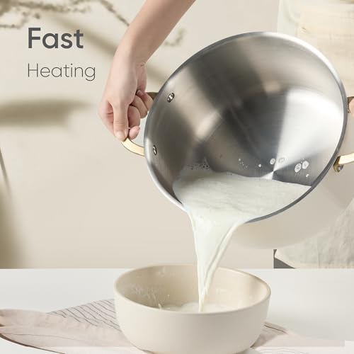 Image of CAROTE 6QT Full Clad Tri Ply Stainless Steel Stock Pot with Lid, Kitchen Stockpot Soup Pot, Outer Ceramic Layer, Even Heating, All Stoves Compatible, Oven & Dishwasher Safe, Stay Cool Handle, White