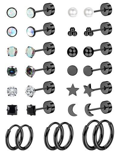 Jstyle Hypoallergenic Flat Back Stud Earrings for Women Men Surgical Stainless Steel Earrings for Sensitive Ears Small Stud Hoop Silver Gold Black Earrings Cartilage Earring Set for Multiple Piercing