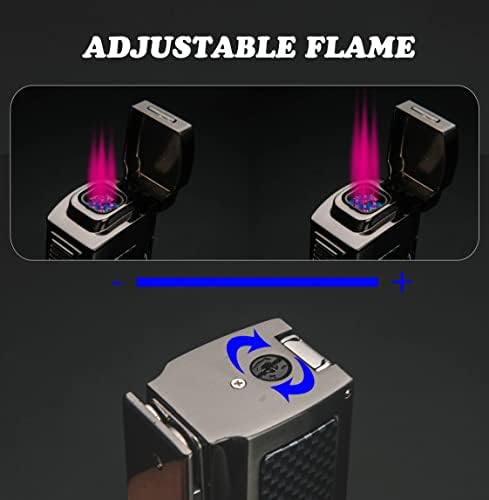 PROMISE Windproof Cigar Lighters Metal Torch Butane Lighter 4 Jet Red Flame Refillable Cigar Lighter with Two Punch and Cigar Scissors (Gunmetal-E)