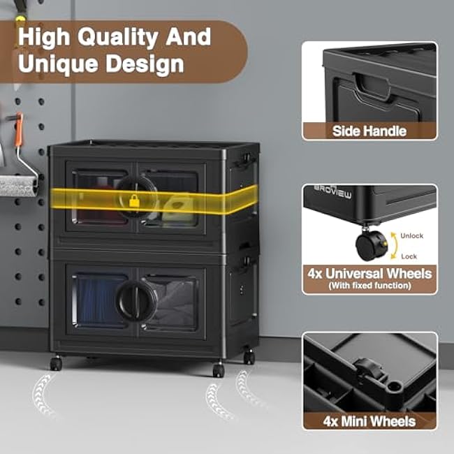 V9 112Gal Storage Bins with Lids, Stackable Collapsible Storage Bins with Wheels, Closet Organizers and Storage, Folding Plastic Cabinet with Doors for Home Office Garage, 4Pack Black