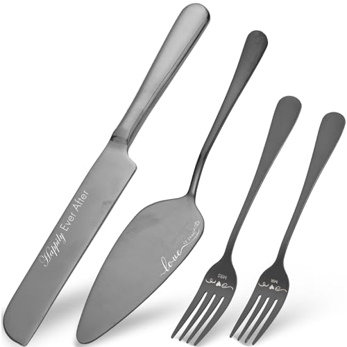 Cake Cutting Set for Wedding and Forks, Wedding Cake Knife and Server Set, Mr and Mrs Wedding Cake Cutting Set, Bridal Shower Gifts Wedding Gifts (Black)
