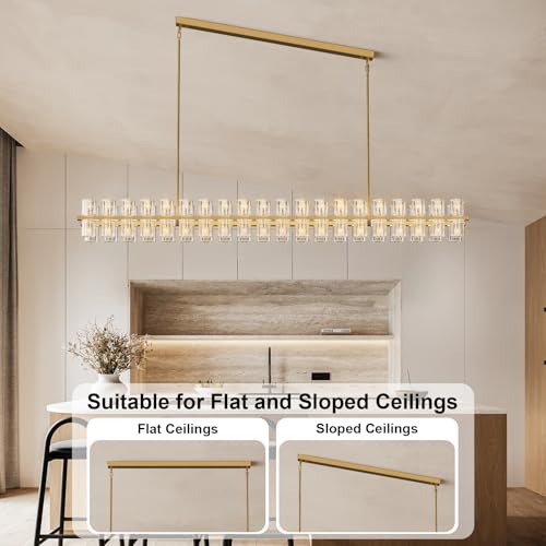 Image of Crystal Brass Rectangular Chandelier Light Fixture,72 in Dining Room Chandeliers Over Table,Modern Chandelier For Living Room,Arcachon Chandeliers,Kitchen Island Chandelier,Includes 80xG4 Bulbs