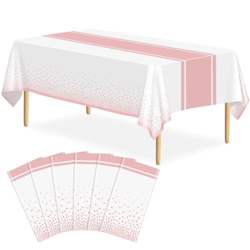 Image of 6 Pack White and Rose Gold Tablecloth Party Decorations Plastic White Tablecloth Printed Rose Gold Table Runner 54 x108 Inch Disposable Rectangle Table Cover for Birthday Wedding Graduation