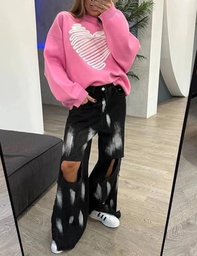 Arssm Women's Heart Pullover Sweaters Crew Neck Y2K Loose Fit Knit Cute Valentines Casual Sweater4