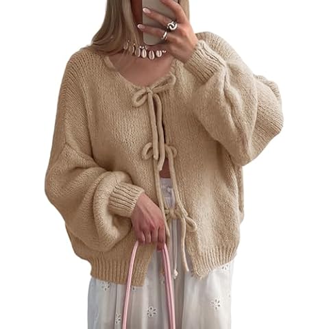 Saodimallsu Womens Tie Front Cardigan Sweaters Cute Bow Puff Long Sleeve 2024 Fall Loose Ribbed Knit Trendy Sweater Tops Khaki Cover