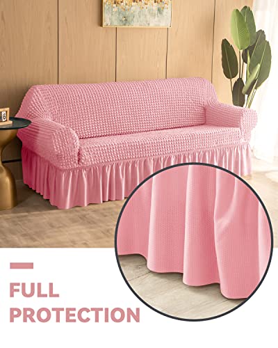 Bluesurge Sofa Slipcover 1 Piece For 3 Cushion Couch Cover With Skirt, Durable Washable High Elastic Stretchable, Easy Fit Universal Furniture Protector (3 Seater, Pink) #TOP4