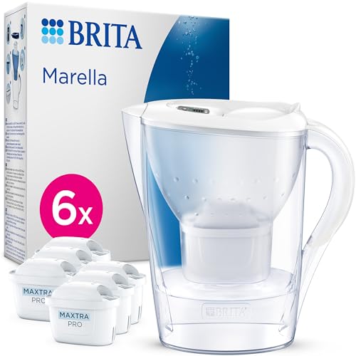 BRITA Wasserfilter Kanne Marella weiß (2,4l) inkl. 6x MAXTRA PRO All-in-1 Kartusche (Halbjahrespaket) – Wasserfilter reduziert Kalk, Chlor, Blei, Kupfer & geschmacksstörenden Stoffen im Leitungswasser