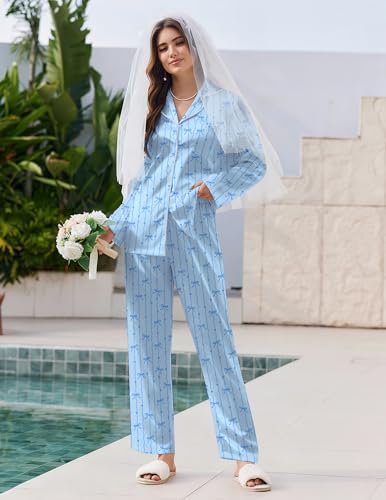 Image of Ekouaer Pajamas For Women Set Silk Pjs 2 Piece Satin Sleepwear Long Sleeve Button Down Lounge Sets With Pant