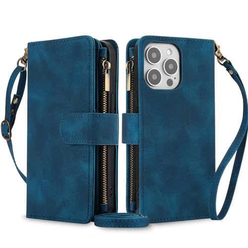 Étui iPhone 13 Pro cuir bleu clapet fermeture magnétique sécurité