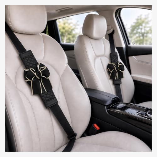 SGDRN 2 PCS Cute Bow Leather Car Seat Belt Cover Pads, Comfortable Bowknot Auto Safety Belt Protective Cover, Universal Soft Shoulder Protector Vehicle Seatbelt Pad for Women Girls (Black)