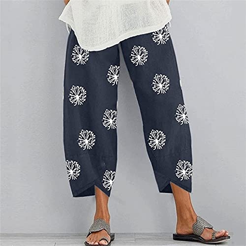 Image of Cotton Linen Capri Pants for Women 2025 Casual Printed Cropped Palazzo Pants Elastic Waist Lounge Baggy Trousers