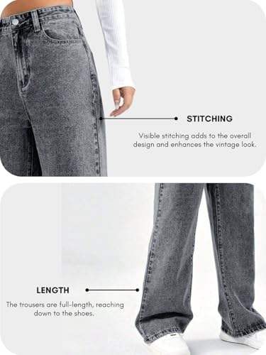 Image of GRECIILOOKS High Waist Jeans for Women - Wide Leg Straight Fit Denim | Baggy Cargo Style Casual Pants for Girls & Daily College Wear