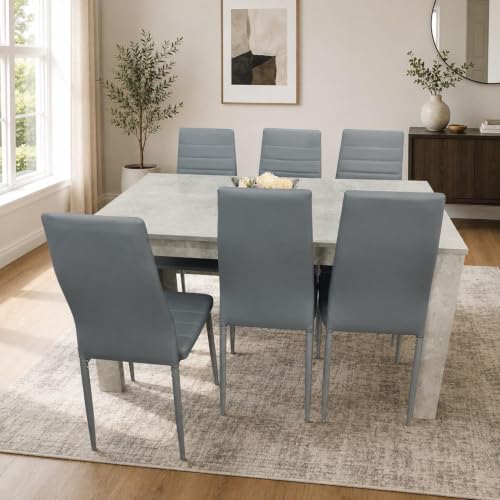 Dining Table & Chairs Set Light Grey Kitchen with 6 Faux Leather Chairs 117