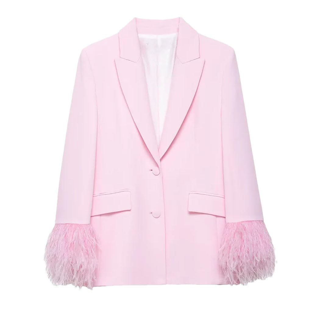 Womens Feather-Trim Blazer Elegant Spring Summer Streetwear Office Ladies Suit Jacket