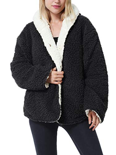 Tirrinia Black Sherpa Hooded Jacket Coat for Women, Super Soft Comfy Foxy Plush Reversible Casual Winter Blanket Jackets Hoodie