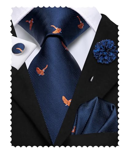 Image of Hi-Tie Navy Blue Eagle Ties Set for Men Woven Formal Necktie Lapel Pin Pocket Square Cufflinks Sets Formal Business Wedding