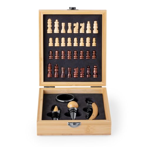 FOR ADVENTUR Set de Ajedrez de Bambú con Accesorios de Vino – Caja Elegante con Sacacorchos, Tapón, Vertedor y Aro Antigoteo – Estuche Decorativo Premium para Regalo