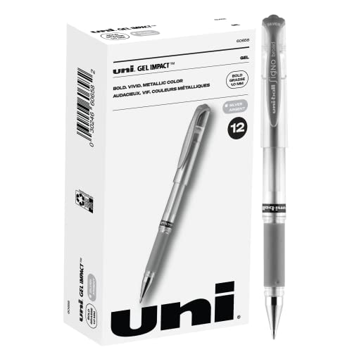Uniball Signo 207 Gel Impact Stick Gel Pen, 12 Silver Metallic Pens, 1.0mm Bold Point Gel Pens| Office Supplies, Ink Pens, Colored Pens, Fine Point, Smooth Writing Pens, Ballpoint Pens