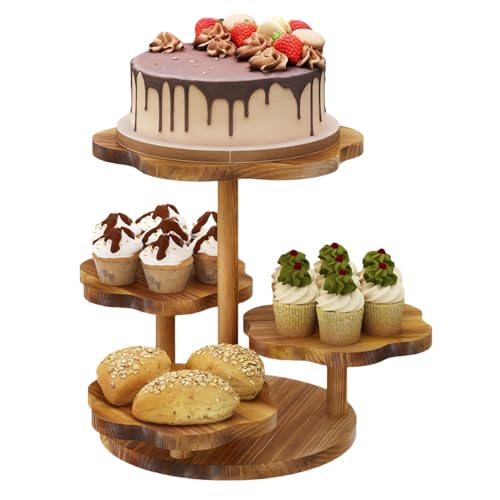 ziqiangbuxi ケーキスタンド アフタヌーンティースタンド デザートディスプレイ 木製品 装飾品 多層カップケーキデスクトップスナックディスプレイスタンド タワー型無垢材デザートテーブル 丸太 お手入れ簡単 (2個,フラワースタイル)