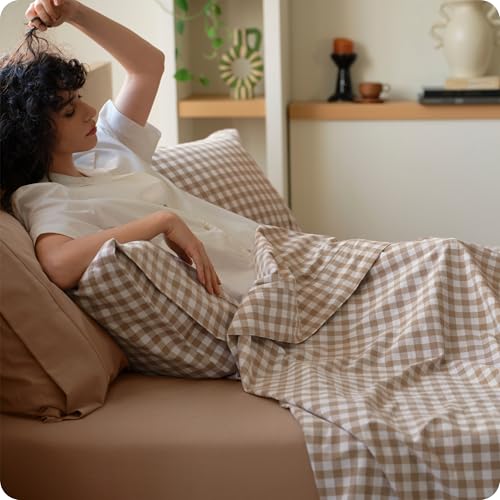 Bedsure PureWoven 100% Washed Cotton Gingham Sheets Queen Brown 6PCS