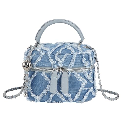 Image of Women Denim Mini Bucket Shoulder Crossbody Bag Drawstring Quilted Distressed Tassel Barrel Shape Satchel Purse