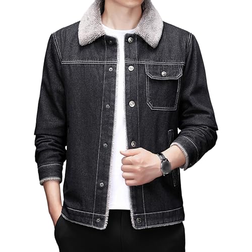 Manteau veste chaude hiver trucker denim bouton bretelles jeans col fourrure homme