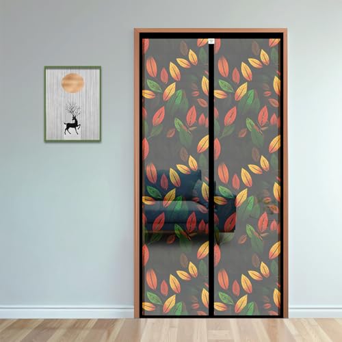 Image of TurtleGrip Polyester Magnetic Door Mosquito Net | Black Mesh with Multi-Colored Leaf Pattern Design | Auto-Closing Magnetic Door Curtain with Strong Magnets & Full Frame Hook & Loop | 195x80 cm