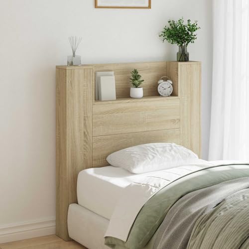 ACAGALA Cabecero de cama LED con estantes de 100 cm, cabecero de cama con iluminación LED, diseño moderno, cabecero de cama con estante abierto, cabecero de pared para dormitorio, roble Sonoma