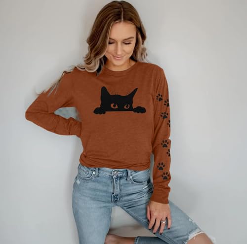 Image of JINTING Cat Shirts for Women - Loose Fit Lightweight Long Sleeve Graphic Autumn Outfits Printed Blouse Casual Tops