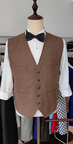 Men's Suit Vests Wool Tweed Vest V Neck Slim Fit Waistcoat Formal Business Retro for Wedding4