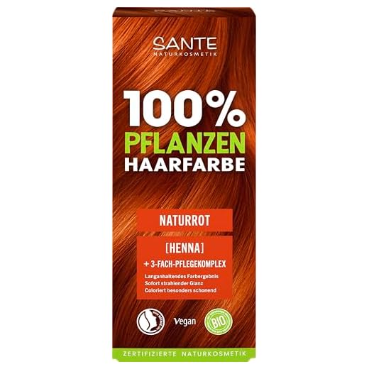 SANTE Naturkosmetik Tinte para el pelo de plantas, color rojo natural, 100 g, coloración natural con henna orgánica, tinte para el pelo sin amoniaco ni peróxidos, vegano y dermatológicamente probado