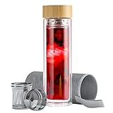 EAZY CASE Teeflasche aus Glas mit Bambus Deckel, Teesieb aus Edelstahl und Neoprenhülle, Teekanne ideal für unterwegs, doppelwandige Trinkflasche, Tee Flasche to Go 500 ml