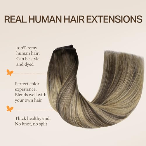 Image of DOORES Wire Hair Extensions 14 Inch 75g Remy Human Wire Hair Extensions Invisible Transparent Line Adjustable Hairpieces Secret Extensions Straight Hair Balayage Chocolate Brown to Honey Blonde